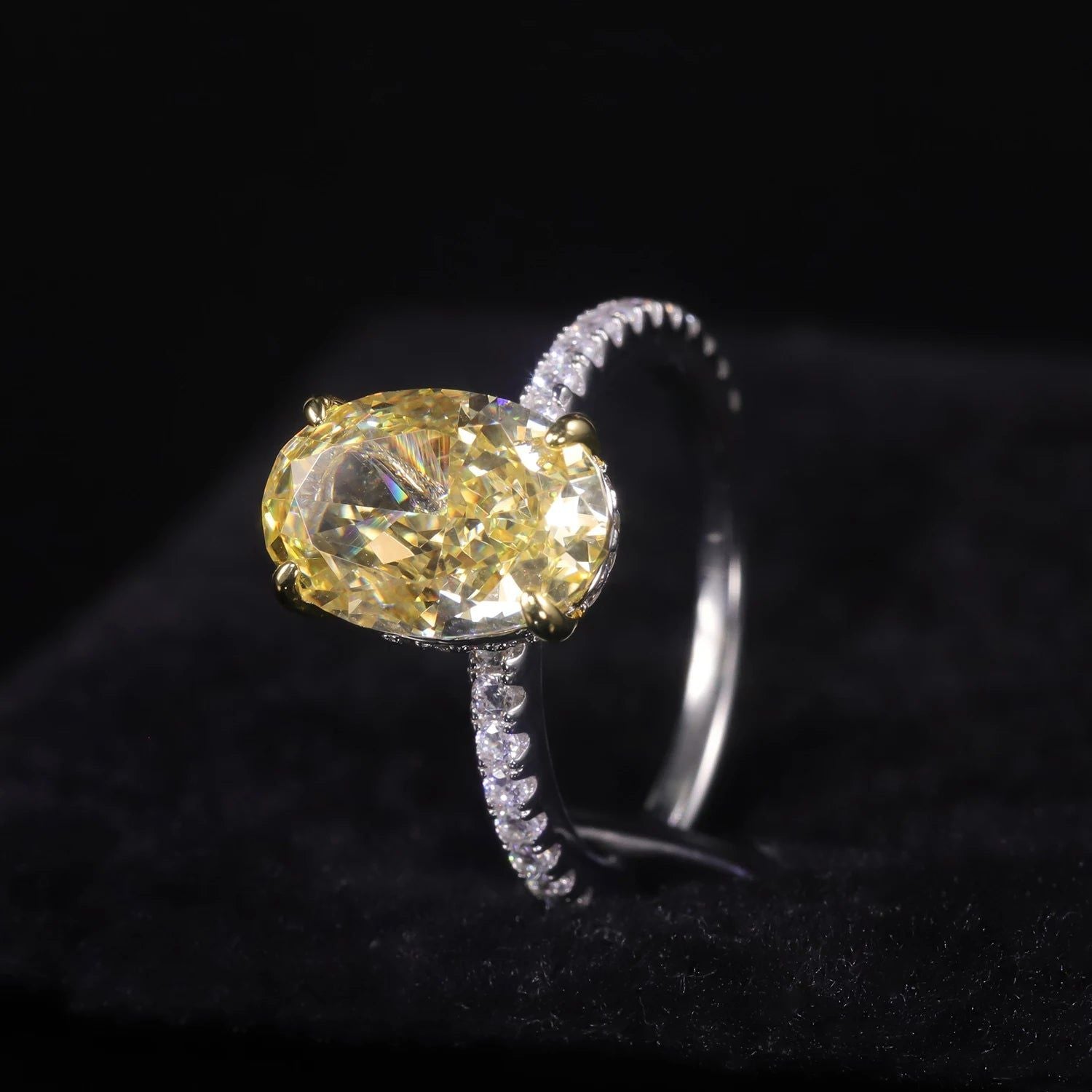 8x12mm Oval Diamond-fire CZ Fancy Light Yellow Ring 925 Sterling Silver