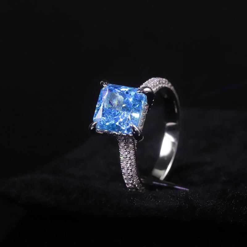 8x8mm Cushion Diamond-fire CZ Aqua Blue Ring 925 Silver