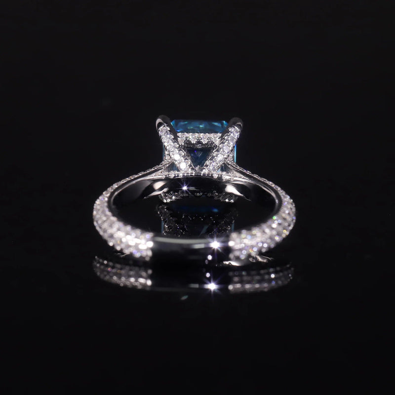 8x8mm Cushion Diamond-fire CZ Aqua Blue Ring 925 Silver