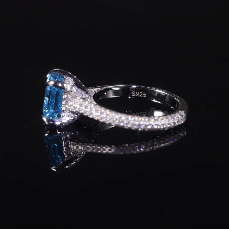 8x8mm Cushion Diamond-fire CZ Aqua Blue Ring 925 Silver