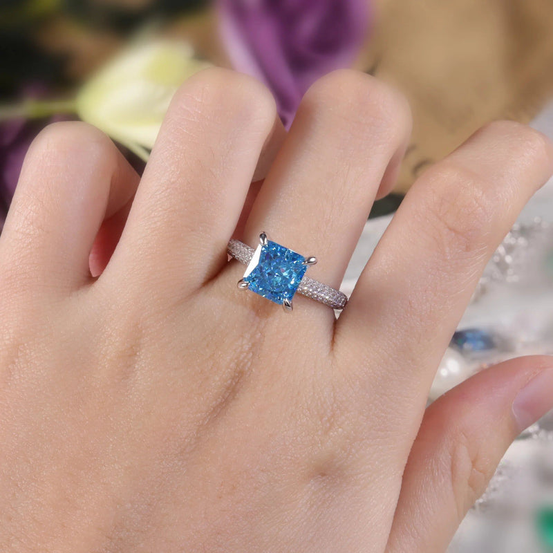 8x8mm Cushion Diamond-fire CZ Aqua Blue Ring 925 Silver