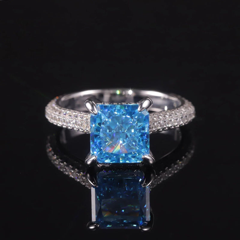 8x8mm Cushion Diamond-fire CZ Aqua Blue Ring 925 Silver