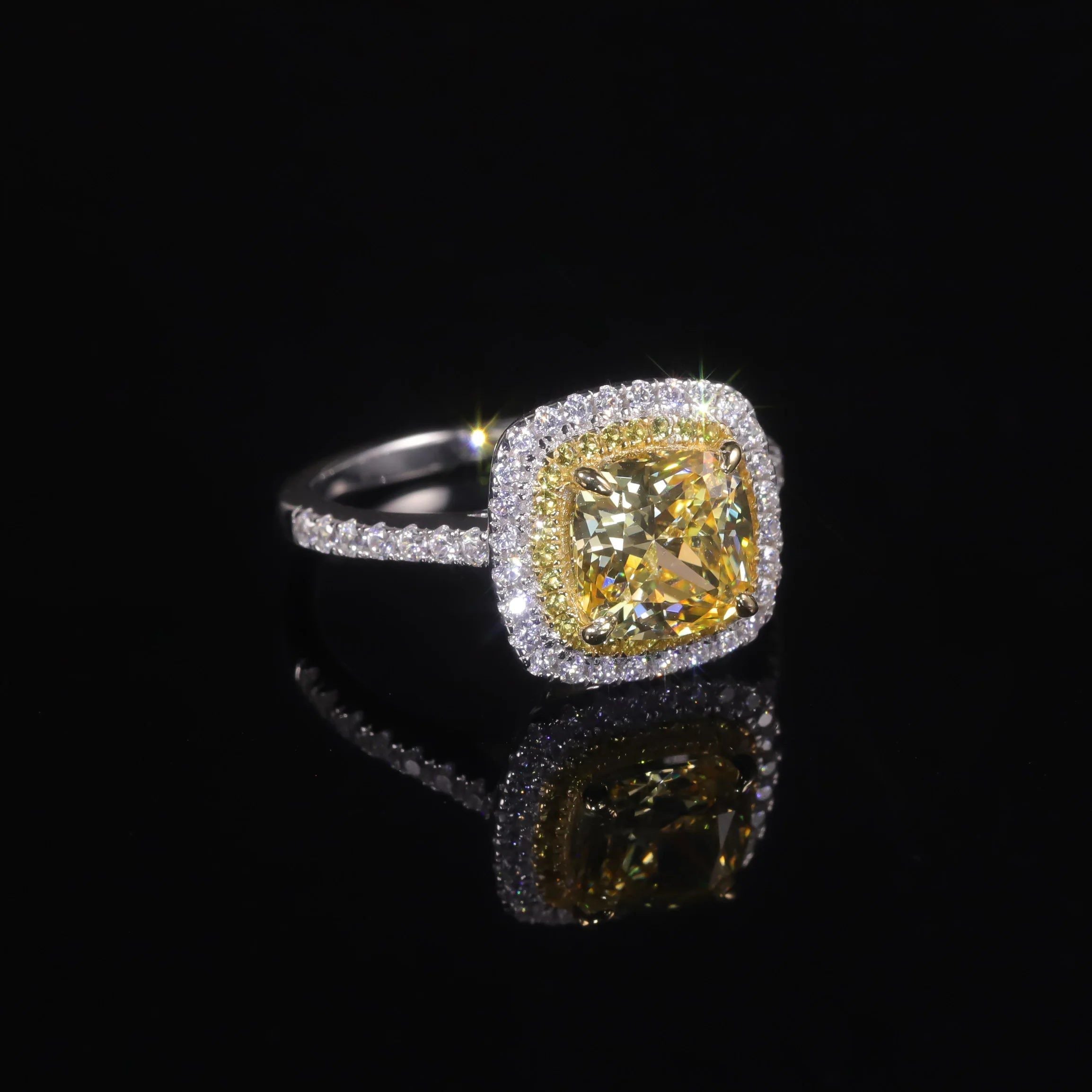 8x8mm Cushion Diamond-fire CZ Fancy Light Yellow Halo Ring