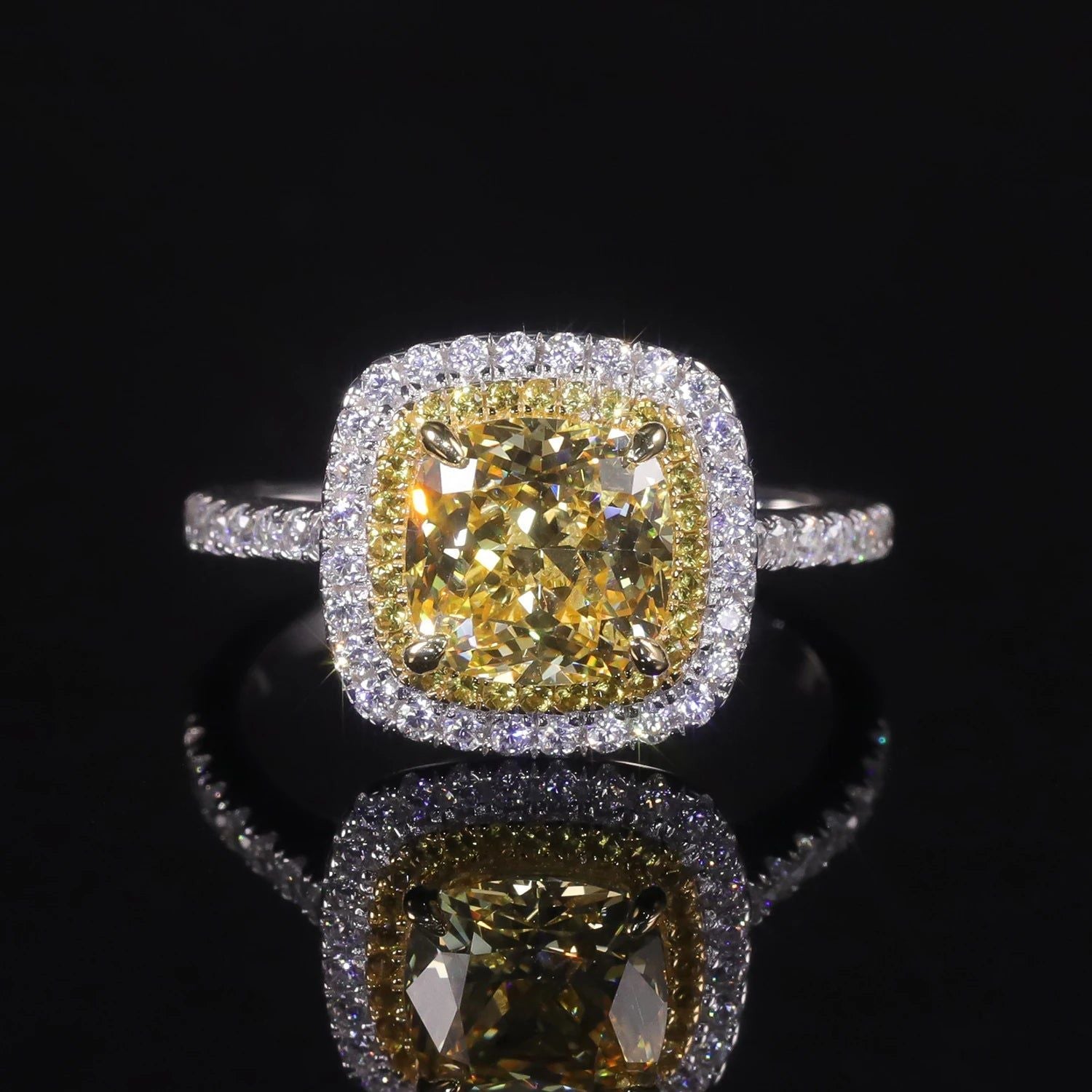 8x8mm Cushion Diamond-fire CZ Fancy Light Yellow Halo Ring