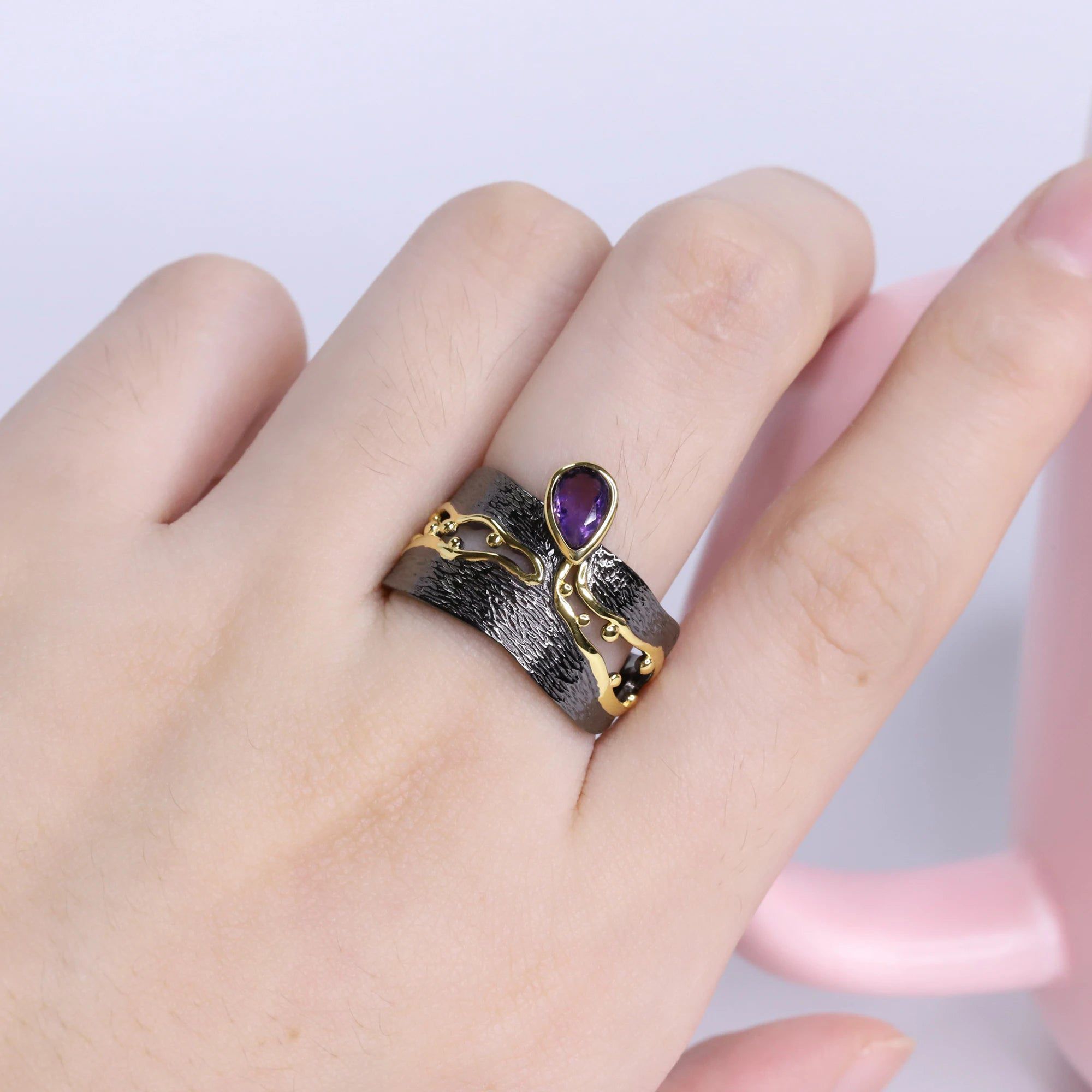 925 Silver Handmade Golden Bead Honey Raindrop Amethyst Ring