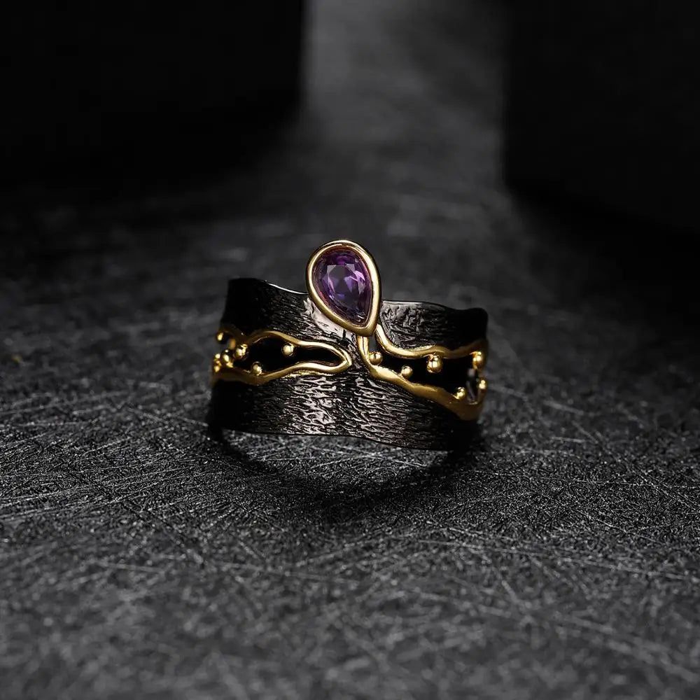 925 Silver Handmade Golden Bead Honey Raindrop Amethyst Ring