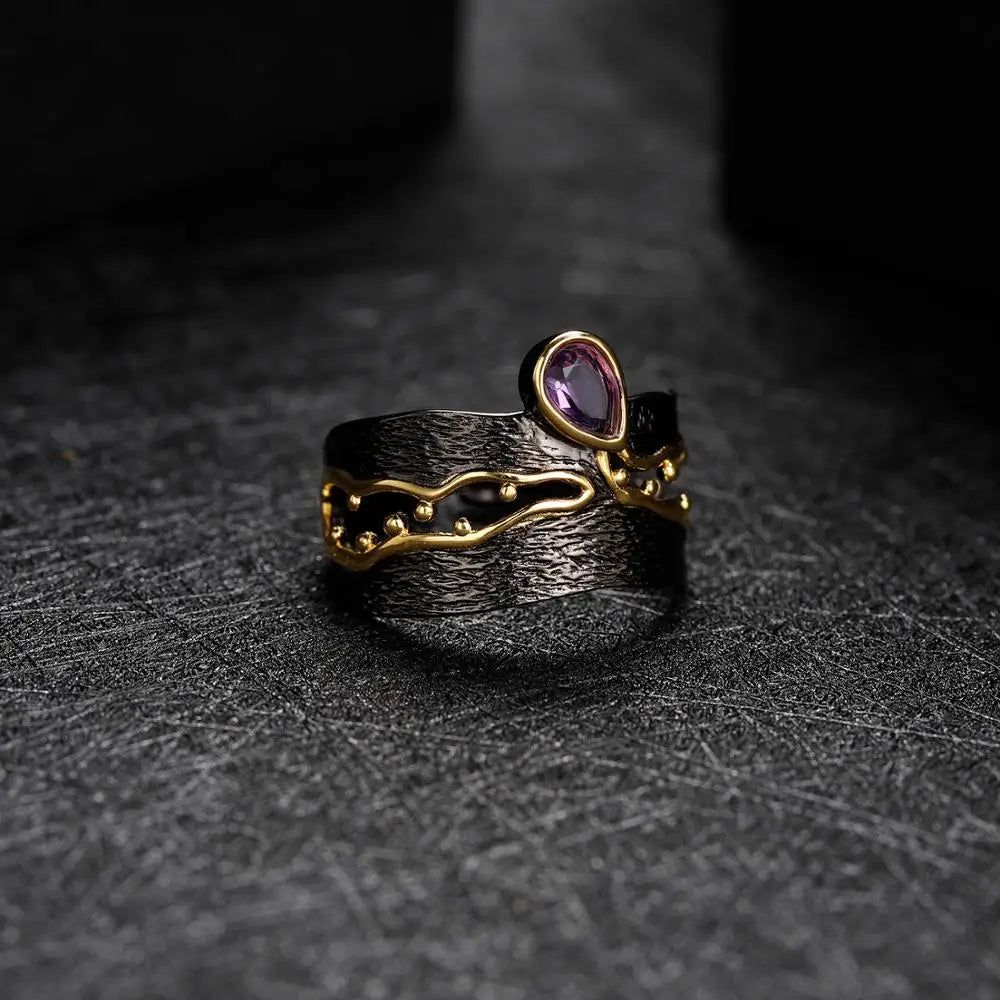 925 Silver Handmade Golden Bead Honey Raindrop Amethyst Ring