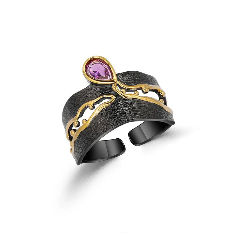 925 Silver Handmade Golden Bead Honey Raindrop Amethyst Ring