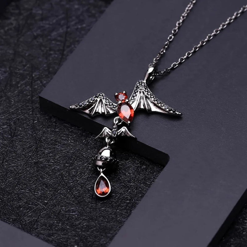 925 Sterling Silver Bat Garnet Gothic Pendant Necklace