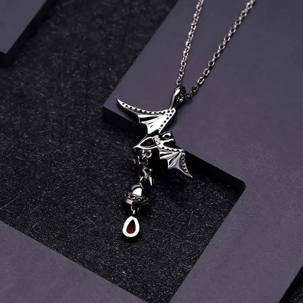 925 Sterling Silver Bat Garnet Gothic Pendant Necklace