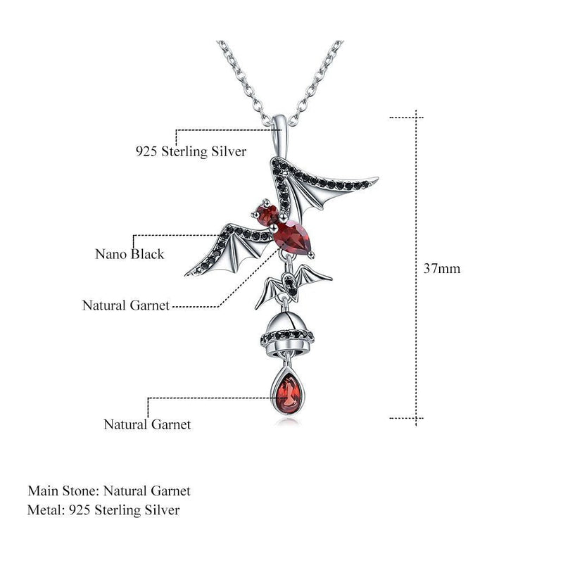 925 Sterling Silver Bat Garnet Gothic Pendant Necklace