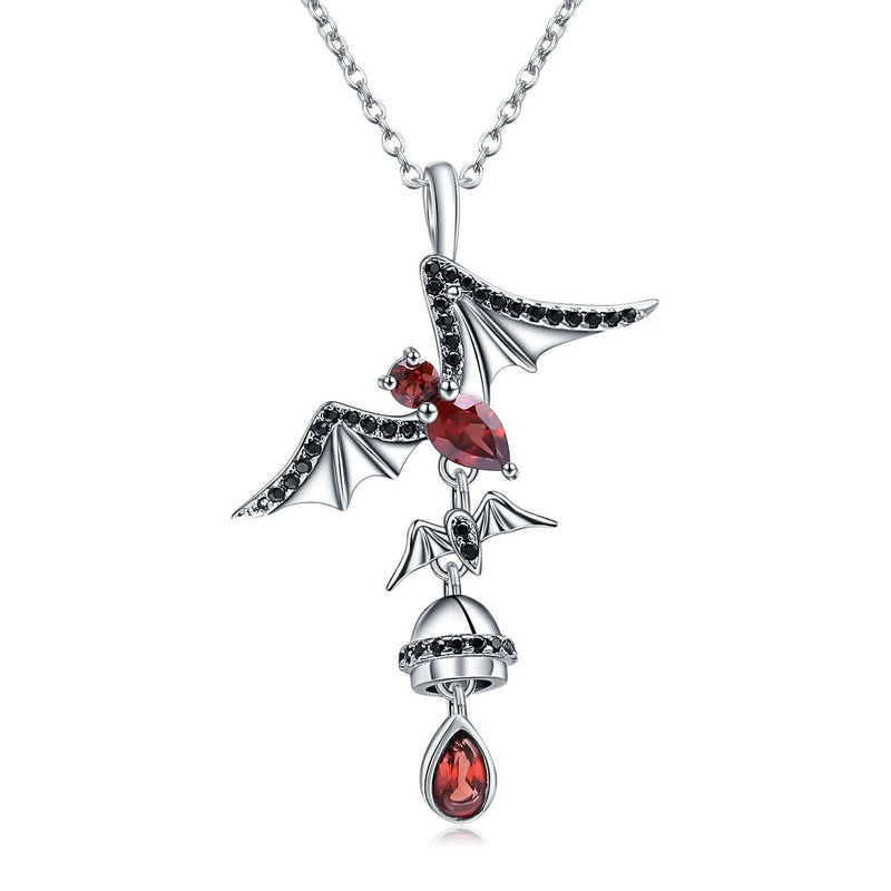 925 Sterling Silver Bat Garnet Gothic Pendant Necklace