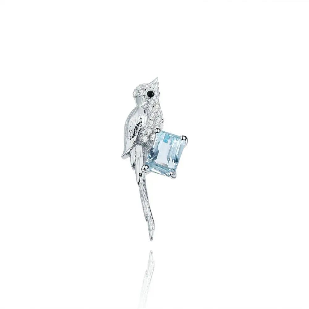 925 Sterling Silver Bird Brooch Natural Sky Blue Topaz