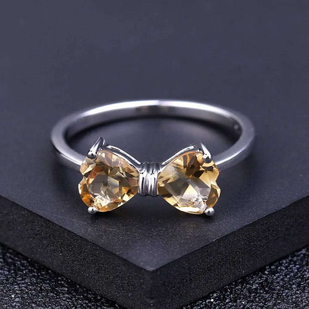 925 Sterling Silver Bow Knot Ring Natural Citrine Jewelry