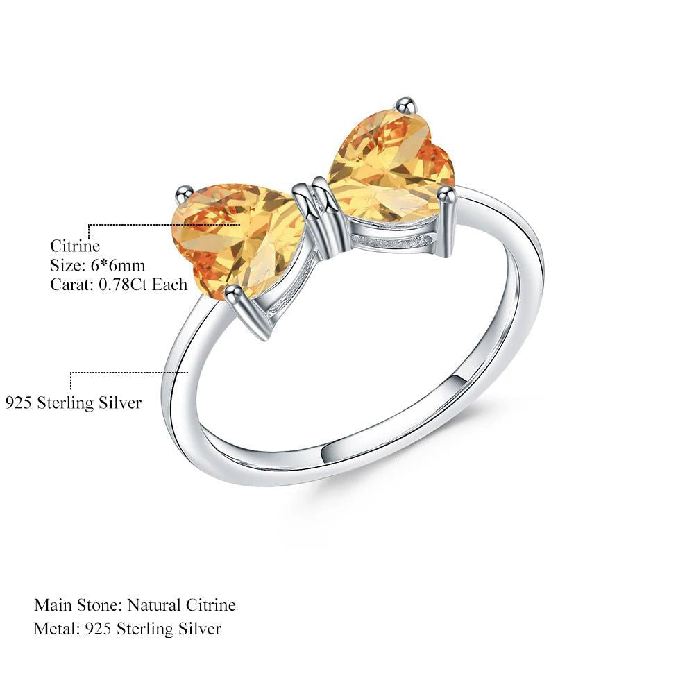 925 Sterling Silver Bow Knot Ring Natural Citrine Jewelry