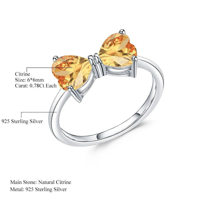 925 Sterling Silver Bow Knot Ring Natural Citrine Jewelry