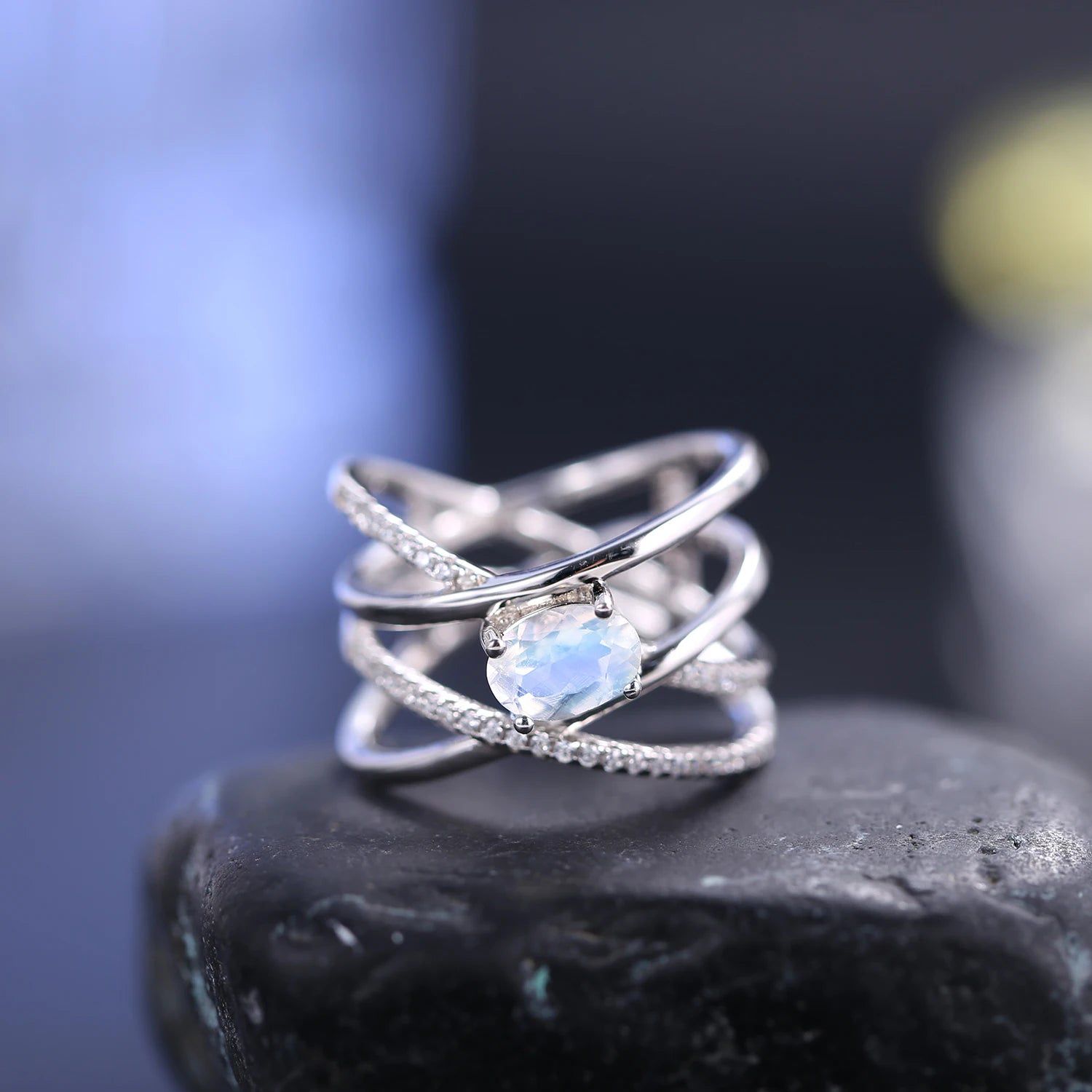 925 Sterling Silver Criss-Cross Ring With Milky Blue Moonstone