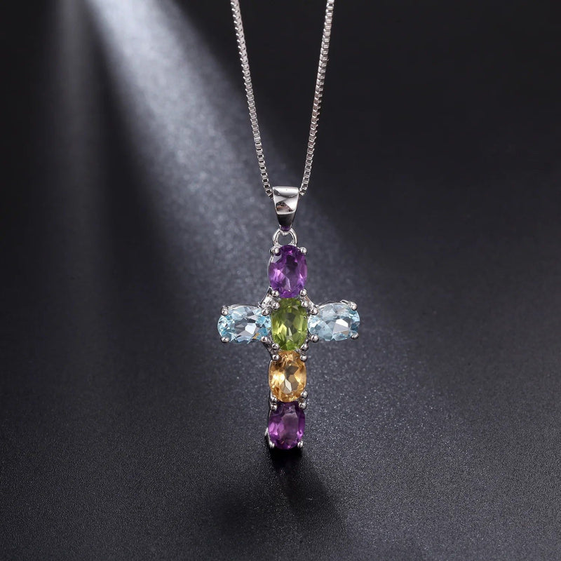 925 Sterling Silver Cross Necklace For Women Amethyst Topaz