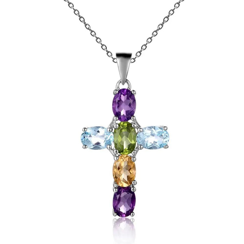 925 Sterling Silver Cross Necklace For Women Amethyst Topaz