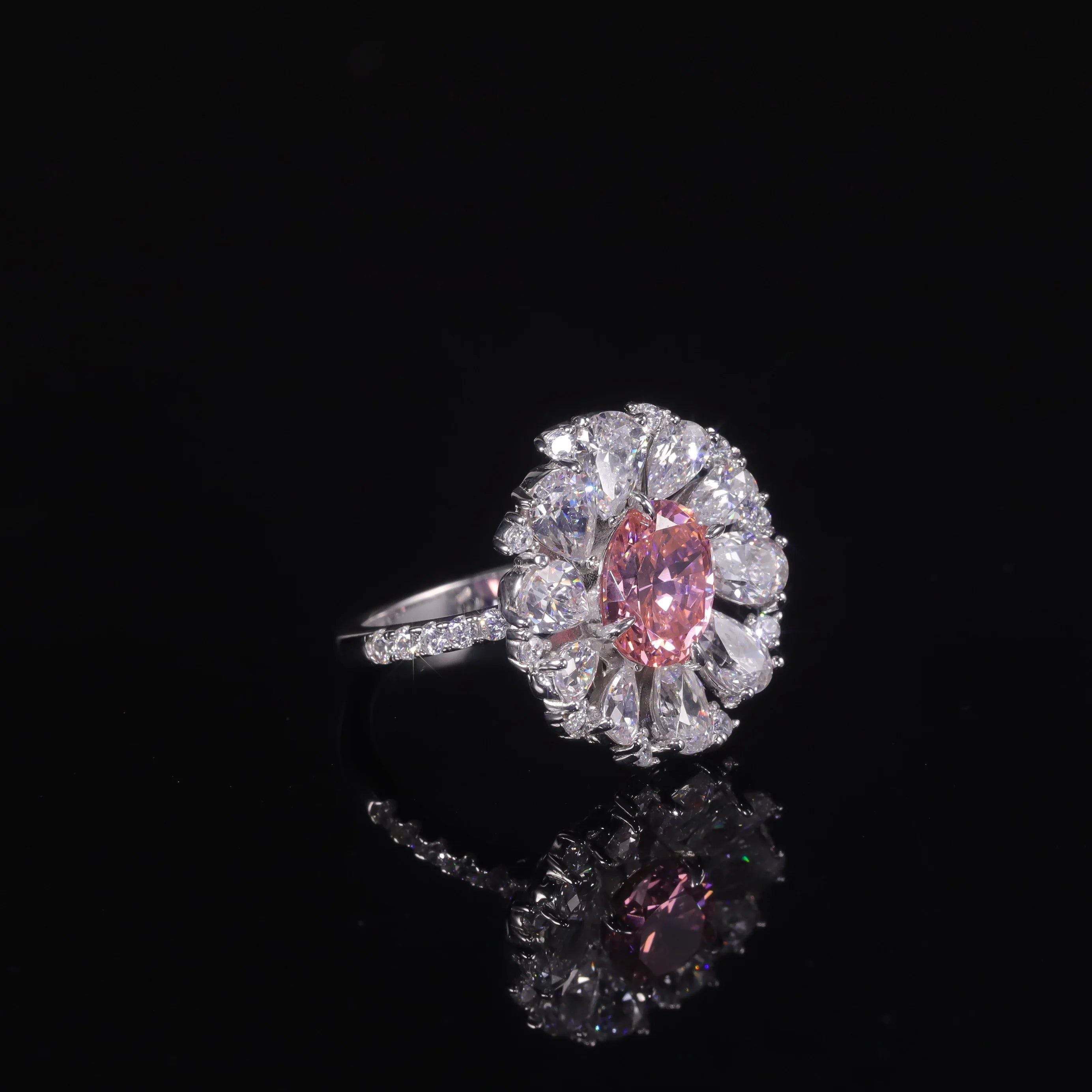 925 Sterling Silver Diamond-Fire CZ Padparadscha Pink Ring