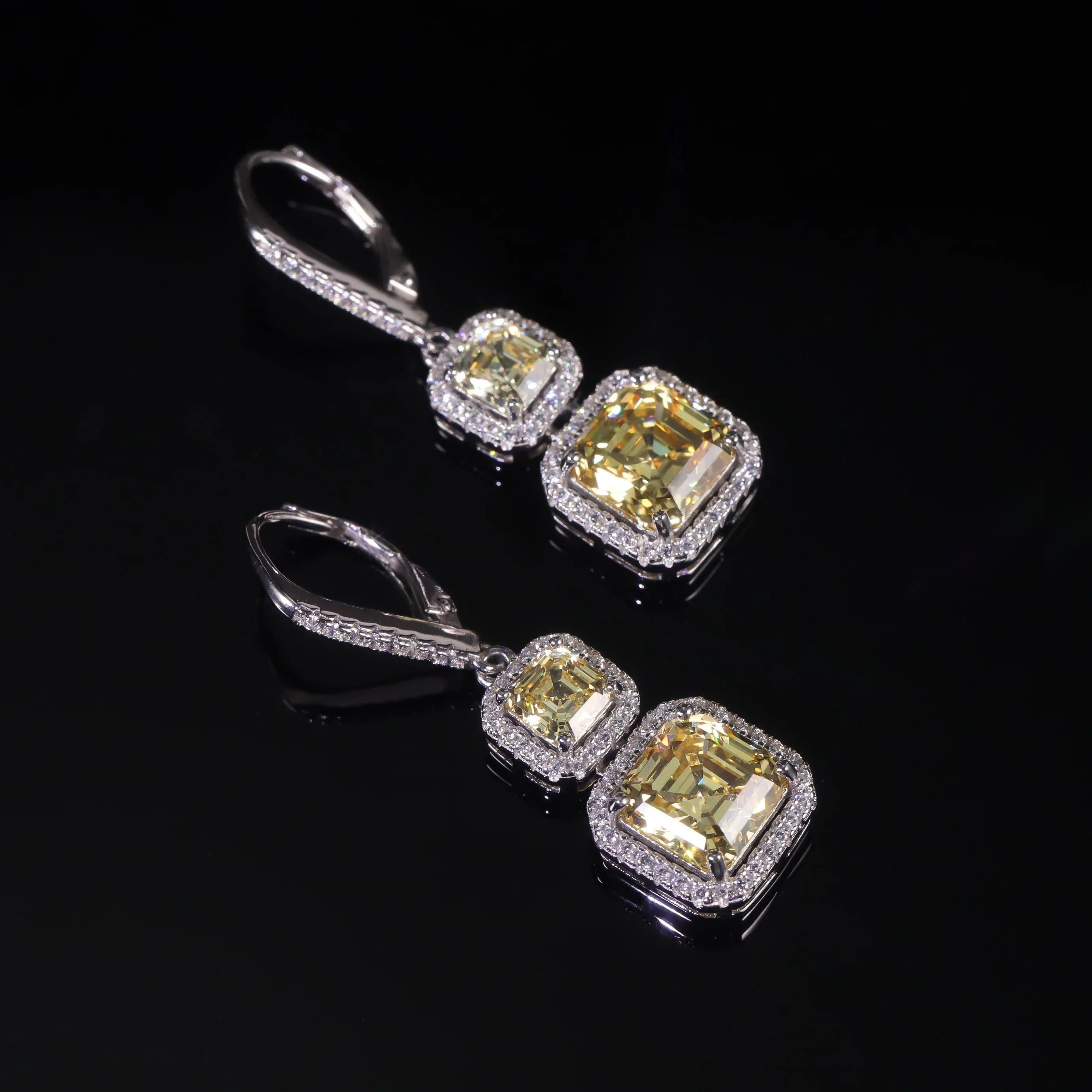 925 Sterling Silver Diamond-fire CZ Fancy Yellow Luxury Earrings