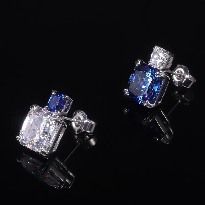 925 Sterling Silver Earrings Unique Style Cushion CZ Blue Diamond