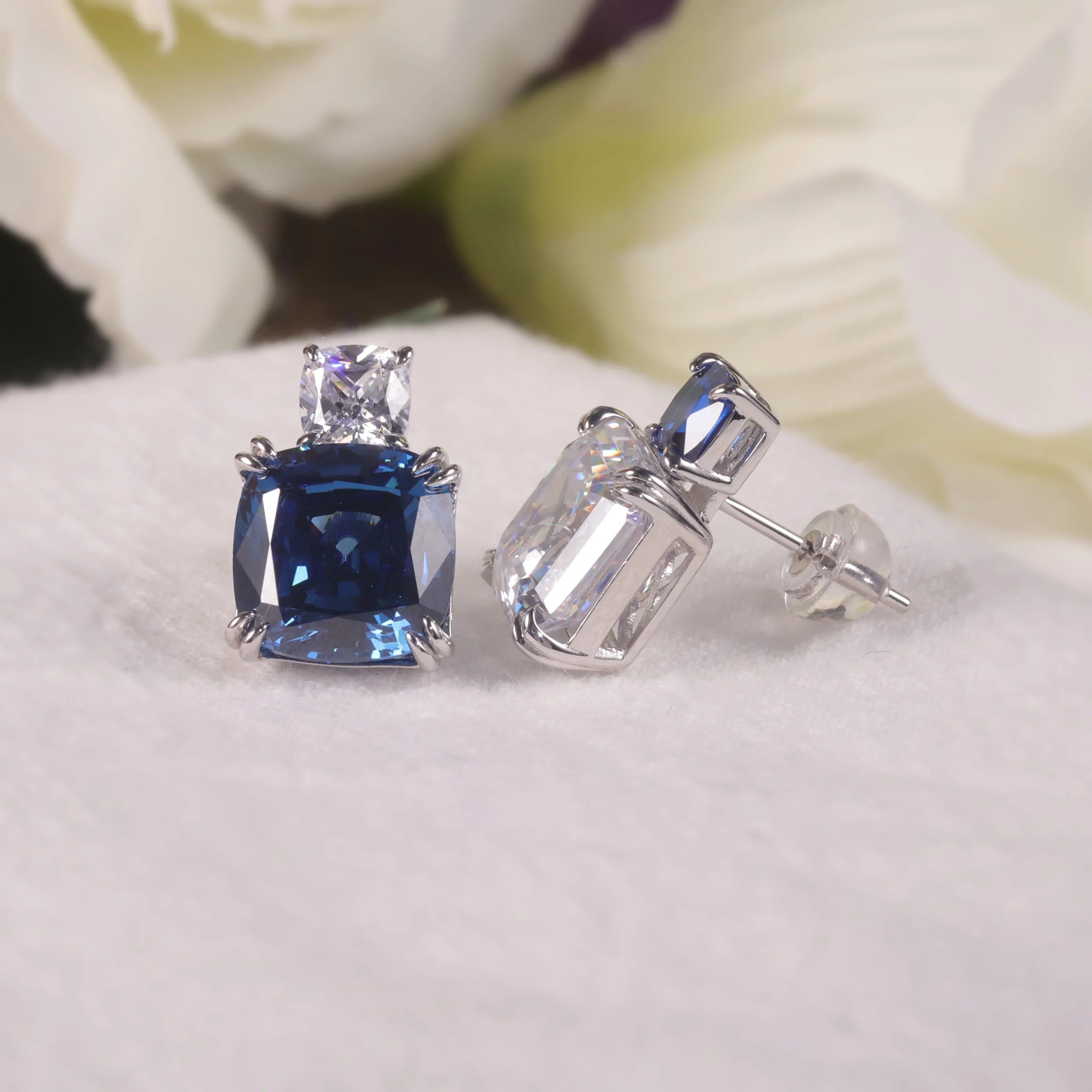 925 Sterling Silver Earrings Unique Style Cushion CZ Blue Diamond