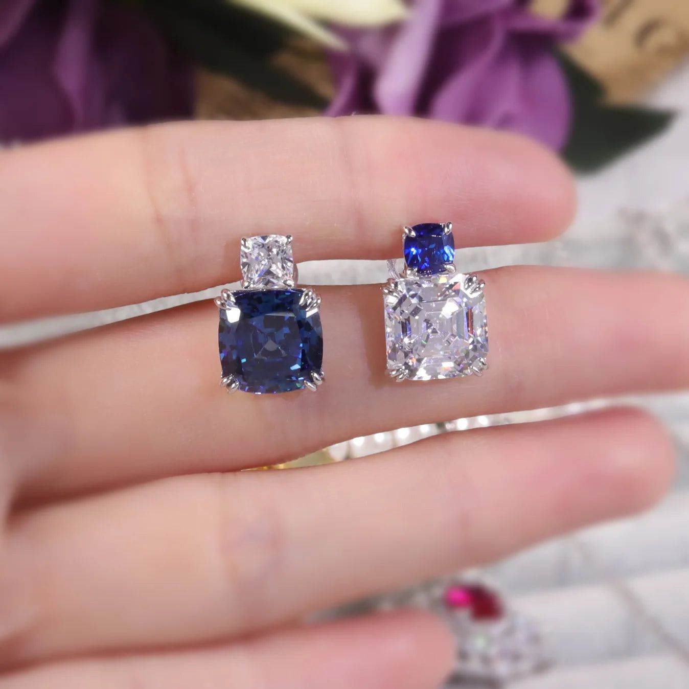 925 Sterling Silver Earrings Unique Style Cushion CZ Blue Diamond