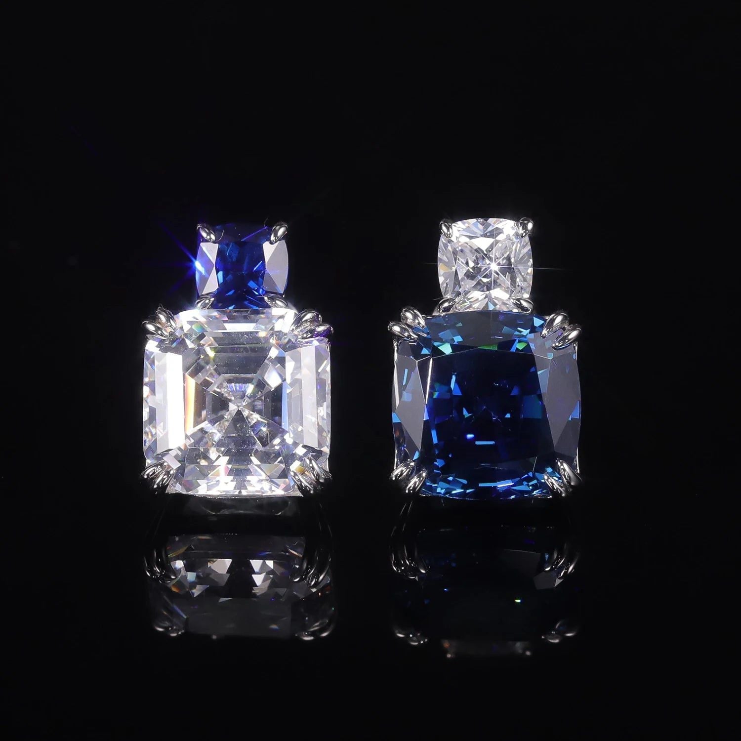 925 Sterling Silver Earrings Unique Style Cushion CZ Blue Diamond