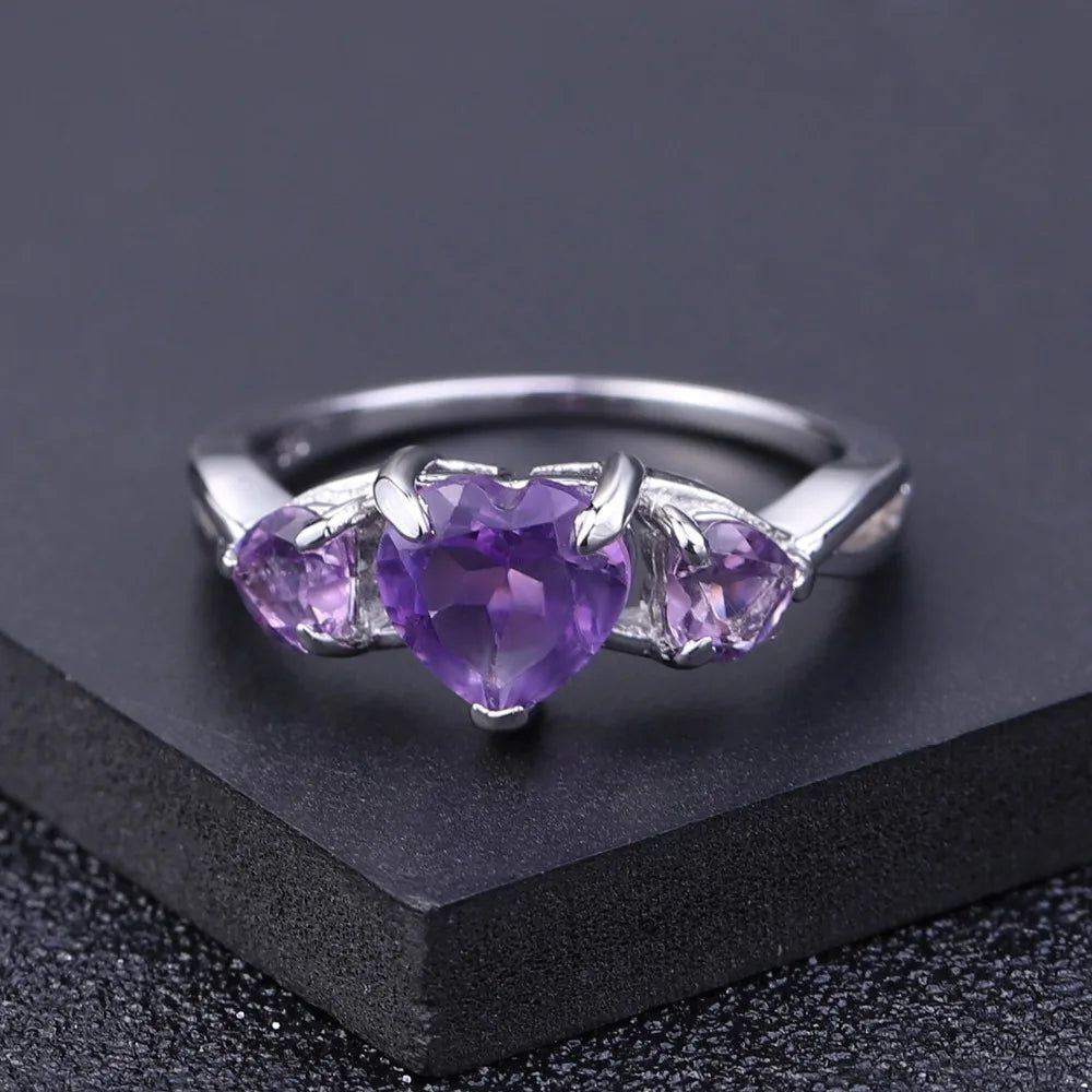 925 Sterling Silver February Birthstone Ring Amethyst Heart