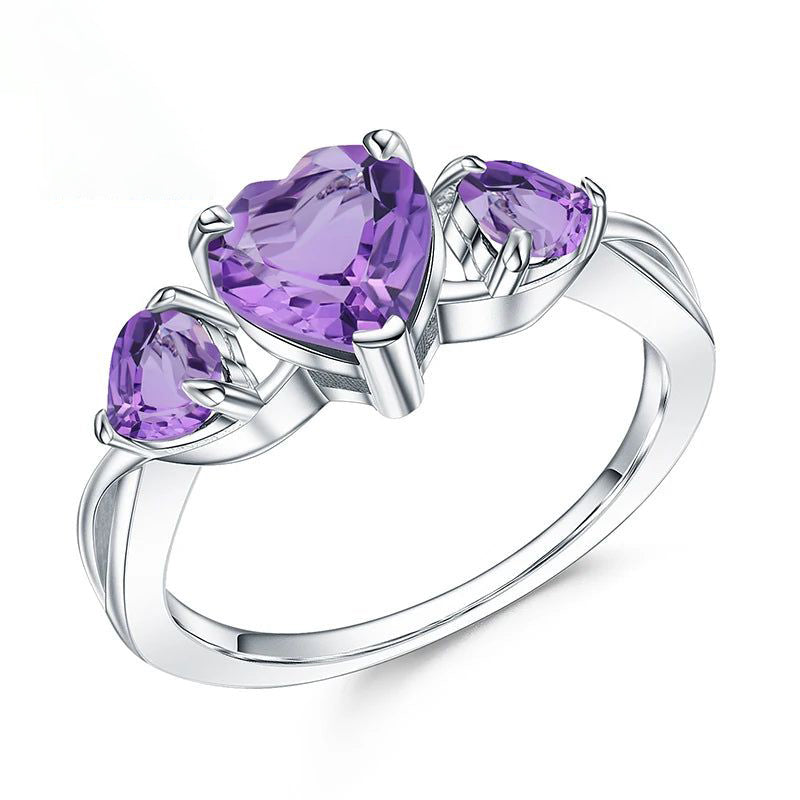 925 Sterling Silver February Birthstone Ring Amethyst Heart