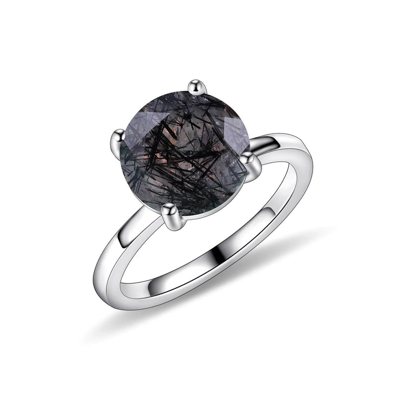 925 Sterling Silver Gemstone Ring Round Black Rutilated Quartz