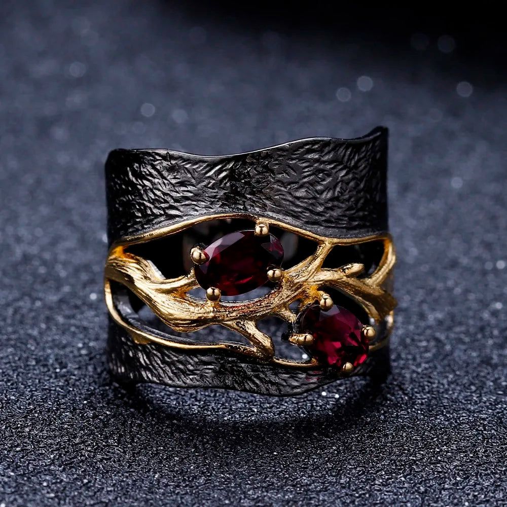 925 Sterling Silver Handmade Branch Ring Natural Garnet