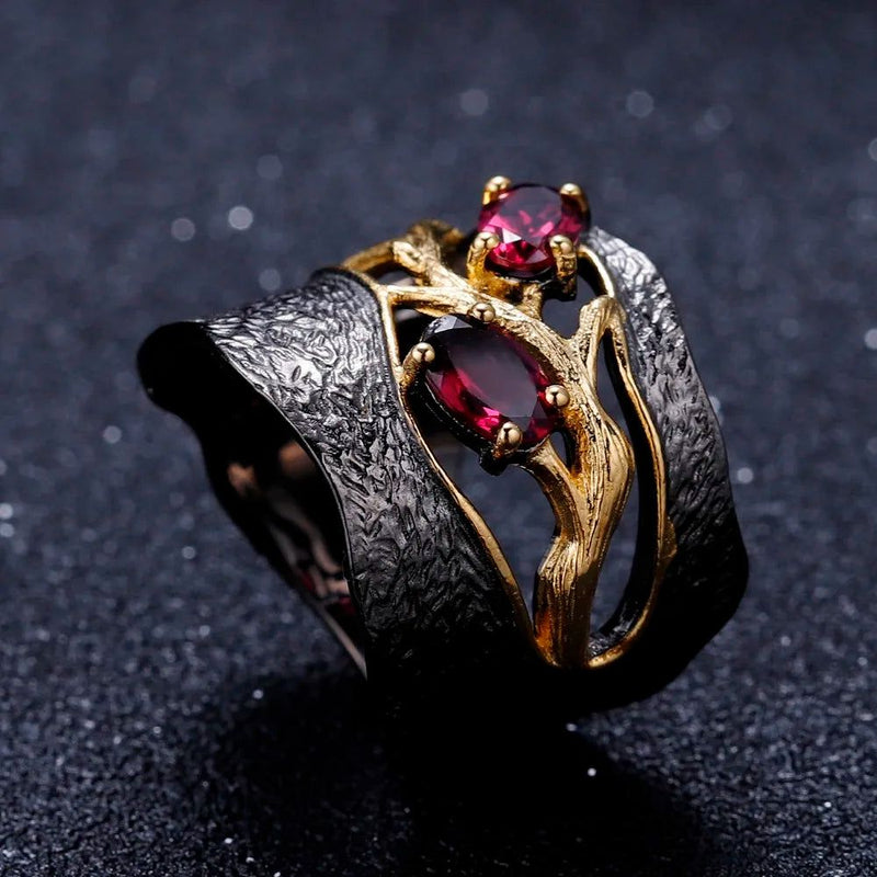 925 Sterling Silver Handmade Branch Ring Natural Garnet