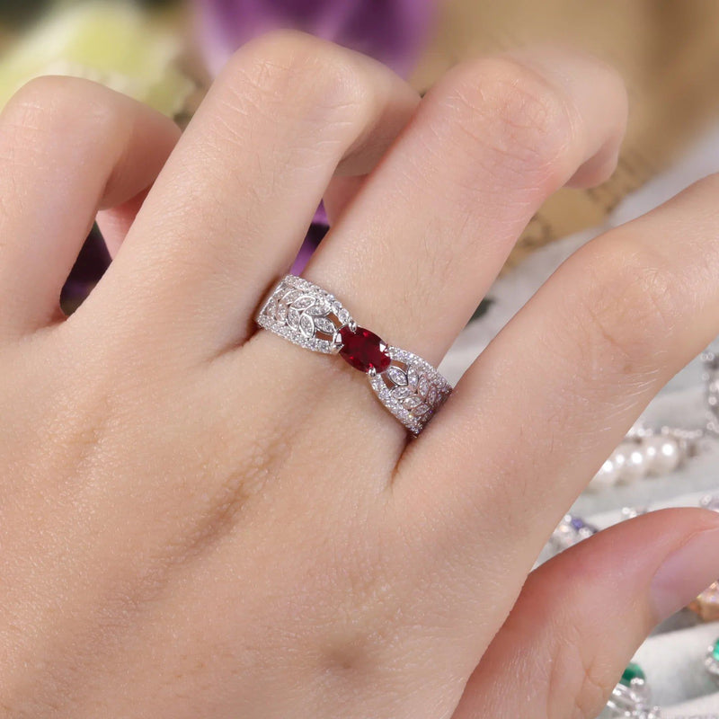 925 Sterling Silver Iced Out Bling Ruby Ring Jewelry