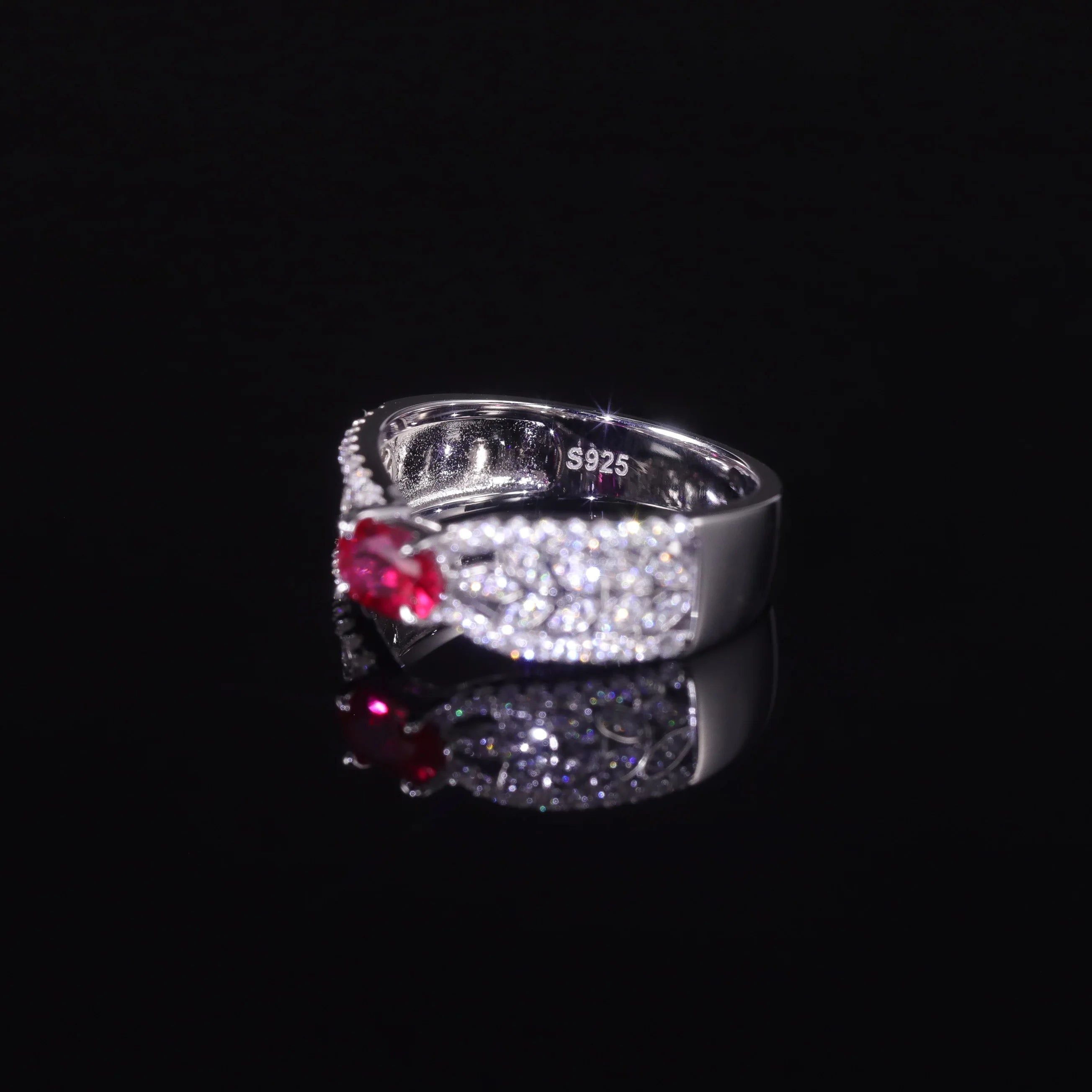 925 Sterling Silver Iced Out Bling Ruby Ring Jewelry