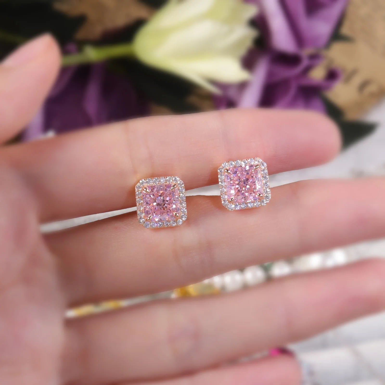 925 Sterling Silver Luxury Jewelry Women's Earrings Diamond-fire CZ Diamond Pink Halo Stud Earrings For Her