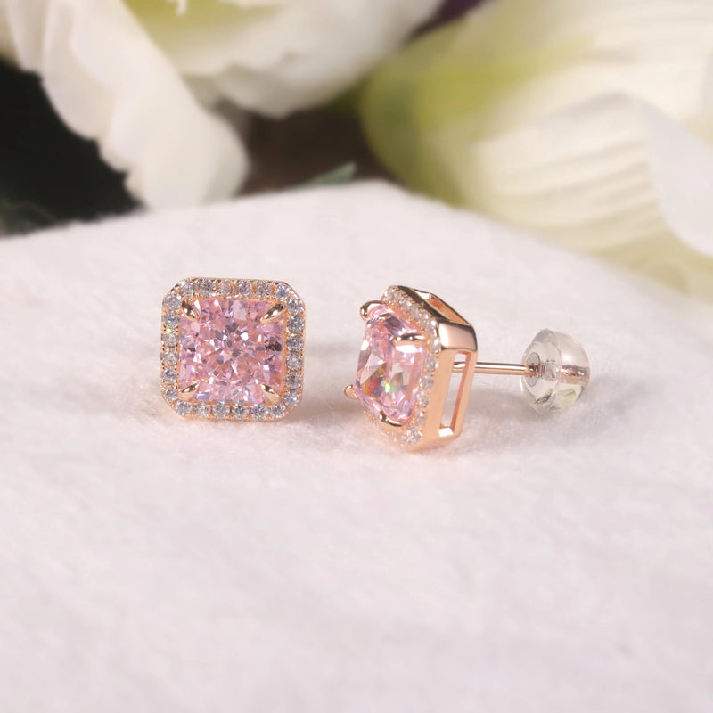 925 Sterling Silver Luxury Jewelry Women's Earrings Diamond-fire CZ Diamond Pink Halo Stud Earrings For Her