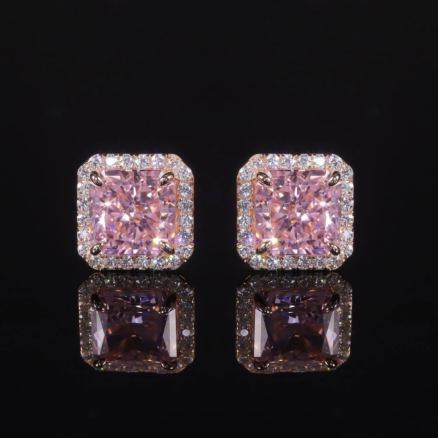 925 Sterling Silver Luxury Jewelry Women's Earrings Diamond-fire CZ Diamond Pink Halo Stud Earrings For Her