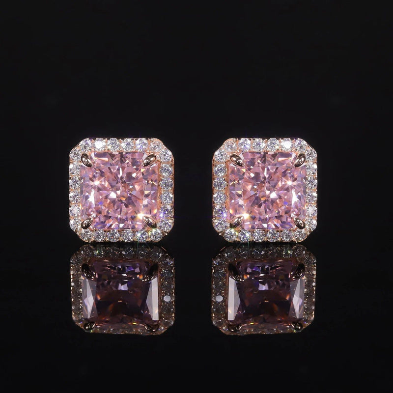 925 Sterling Silver Luxury Jewelry Women's Earrings Diamond-fire CZ Diamond Pink Halo Stud Earrings For Her