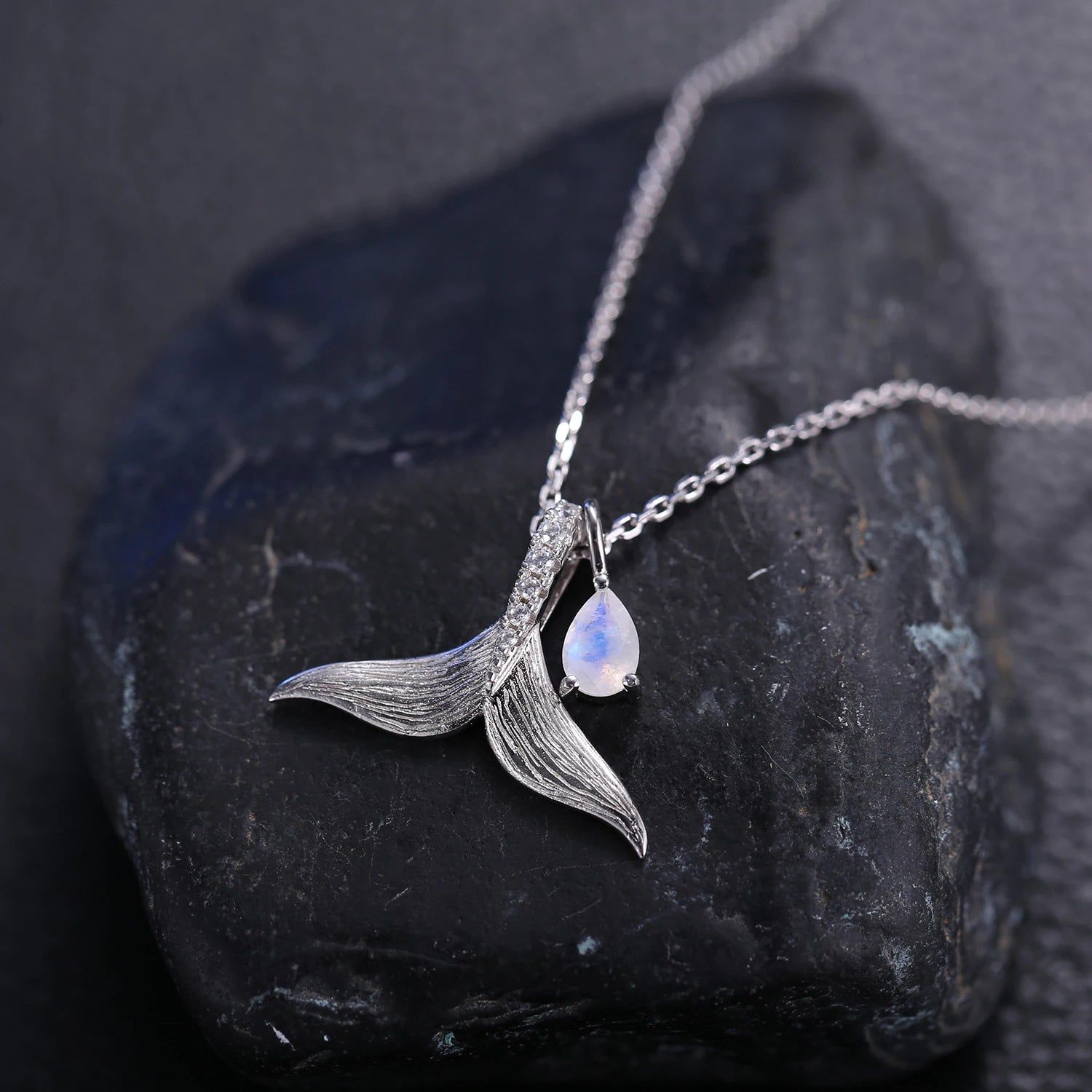 925 Sterling Silver Mermaid Necklace Milky Blue Moonstone