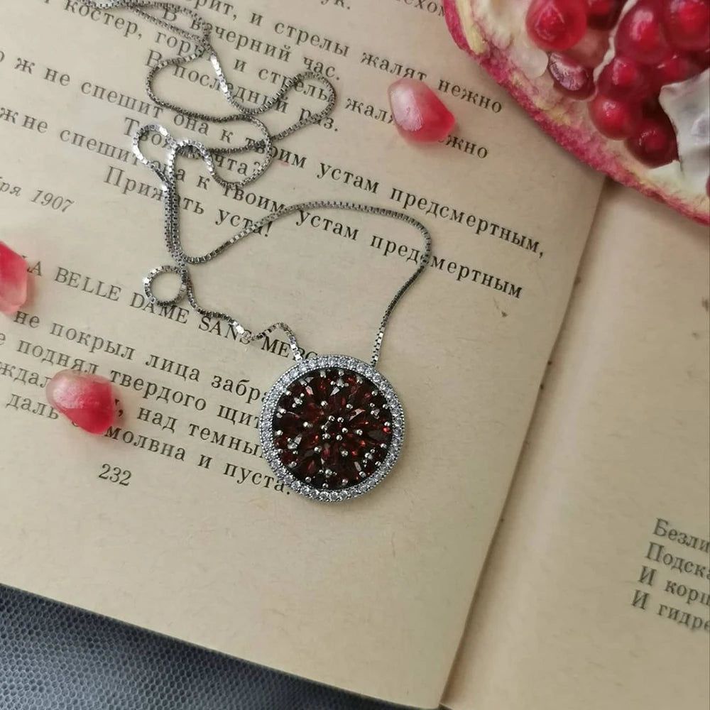 925 Sterling Silver Natural Red Garnet Pendant Necklace