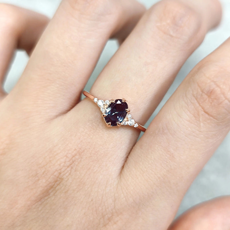 925 Sterling Silver Oval Alexandrite Ring Unique Women Jewelry