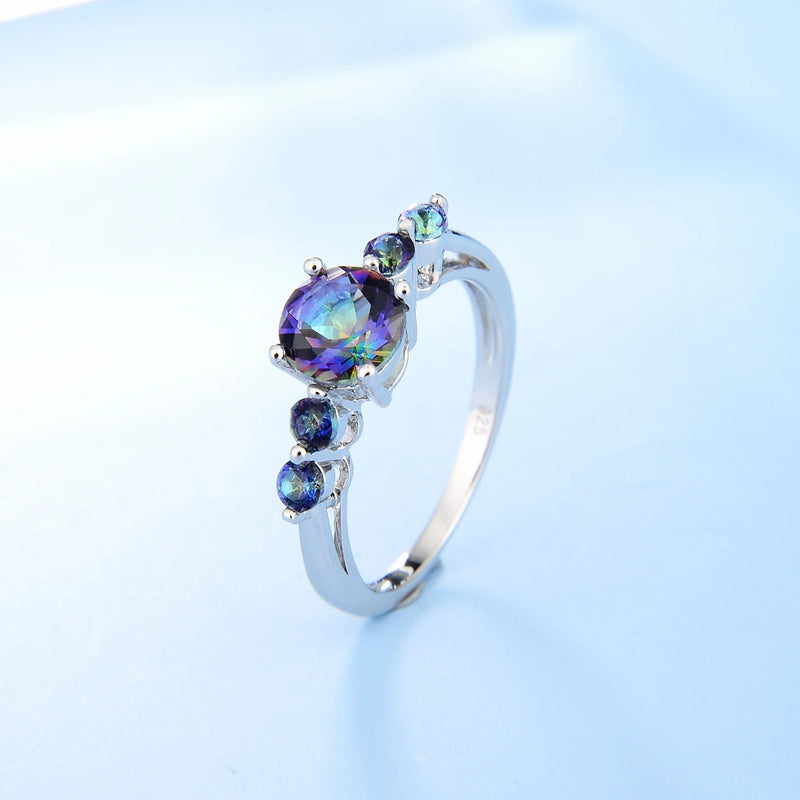 925 Sterling Silver Ring Natural Mystic Topaz Three Stone Band