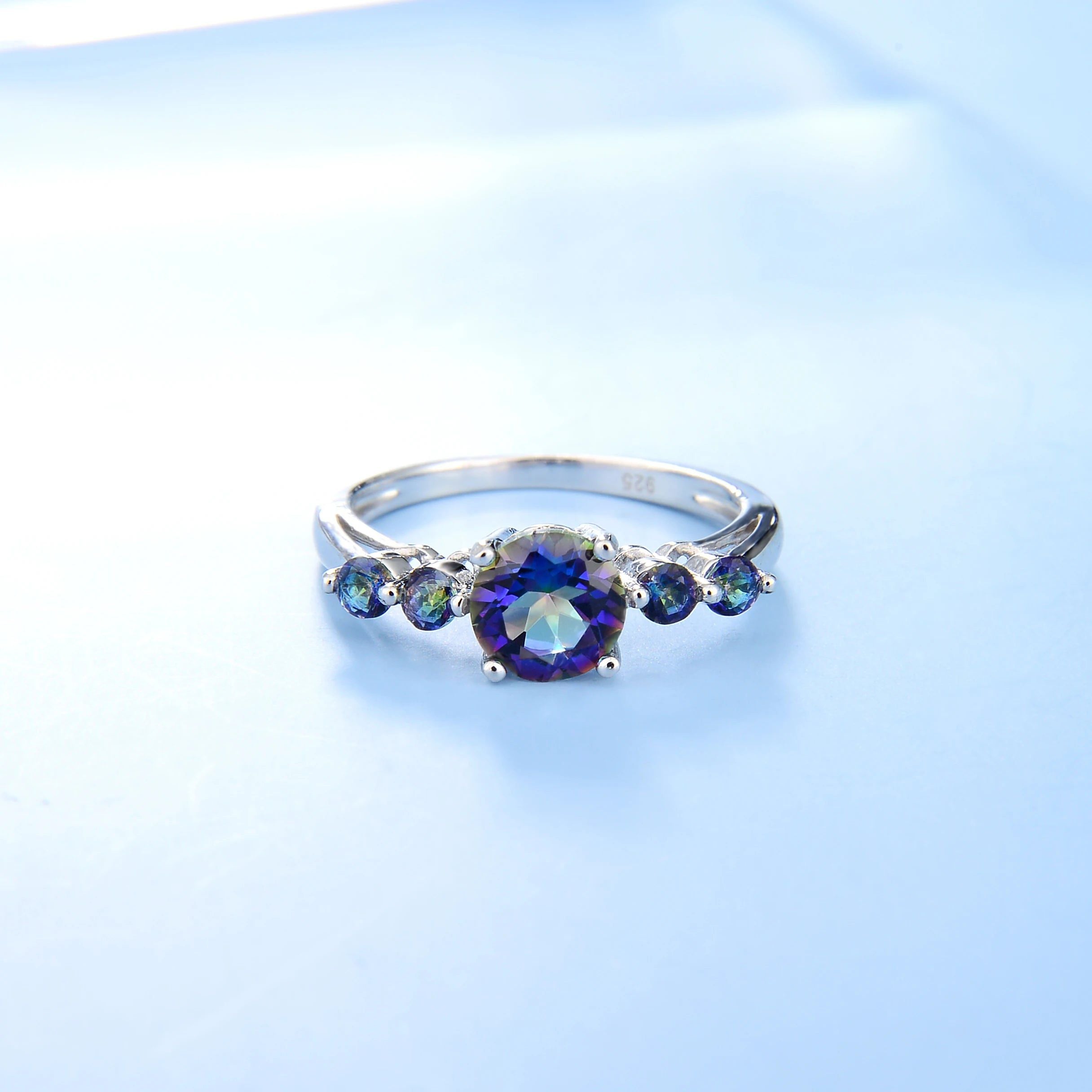 925 Sterling Silver Ring Natural Mystic Topaz Three Stone Band