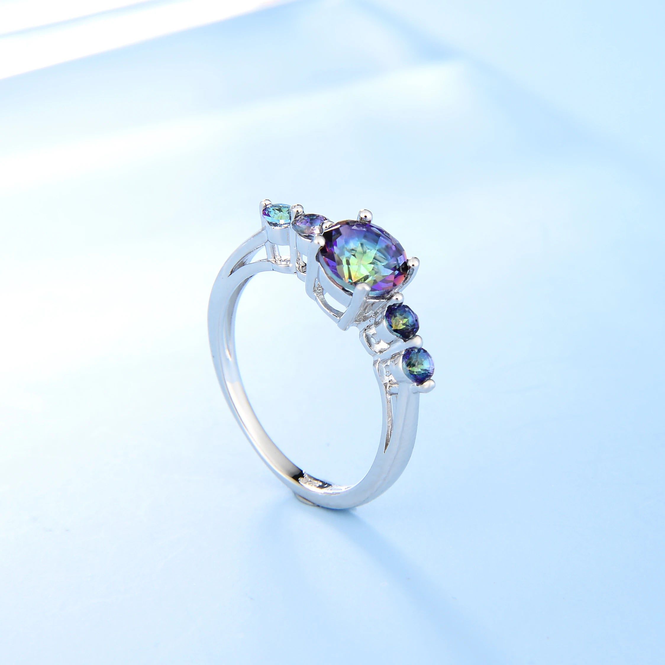 925 Sterling Silver Ring Natural Mystic Topaz Three Stone Band