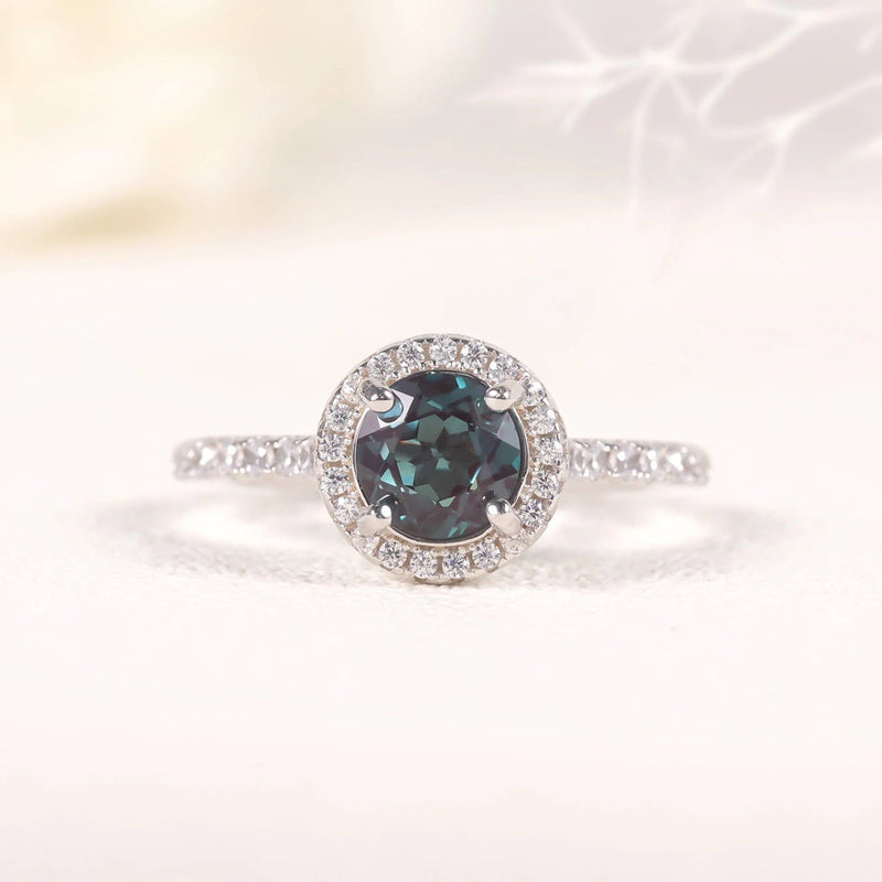 925 Sterling Silver Round Color Changing Lab Alexandrite Halo Ring