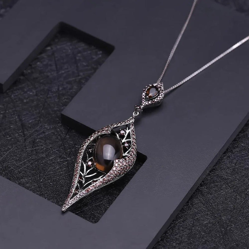 925 Sterling Silver Smoky Quartz Gothic Pendant Necklace