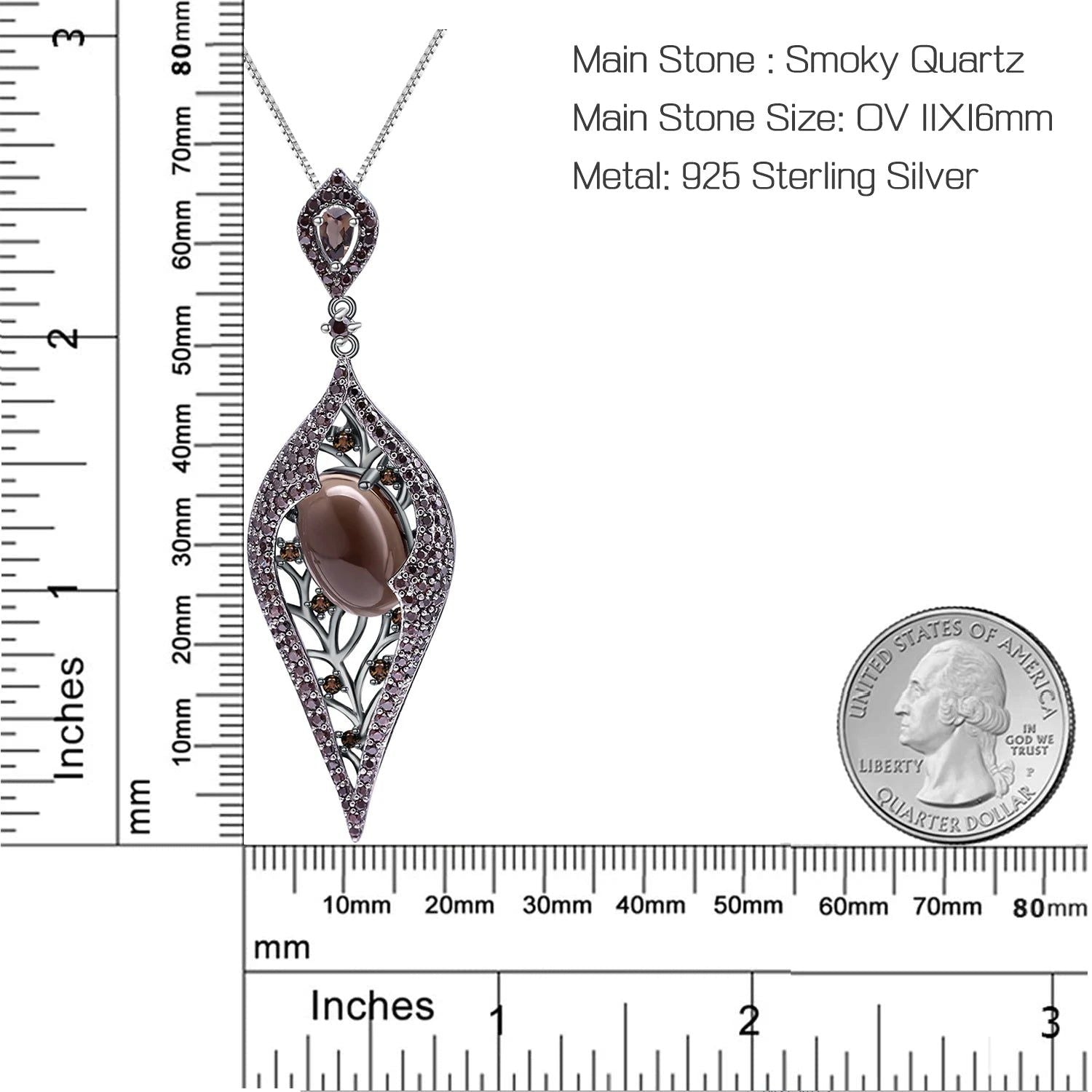 925 Sterling Silver Smoky Quartz Gothic Pendant Necklace