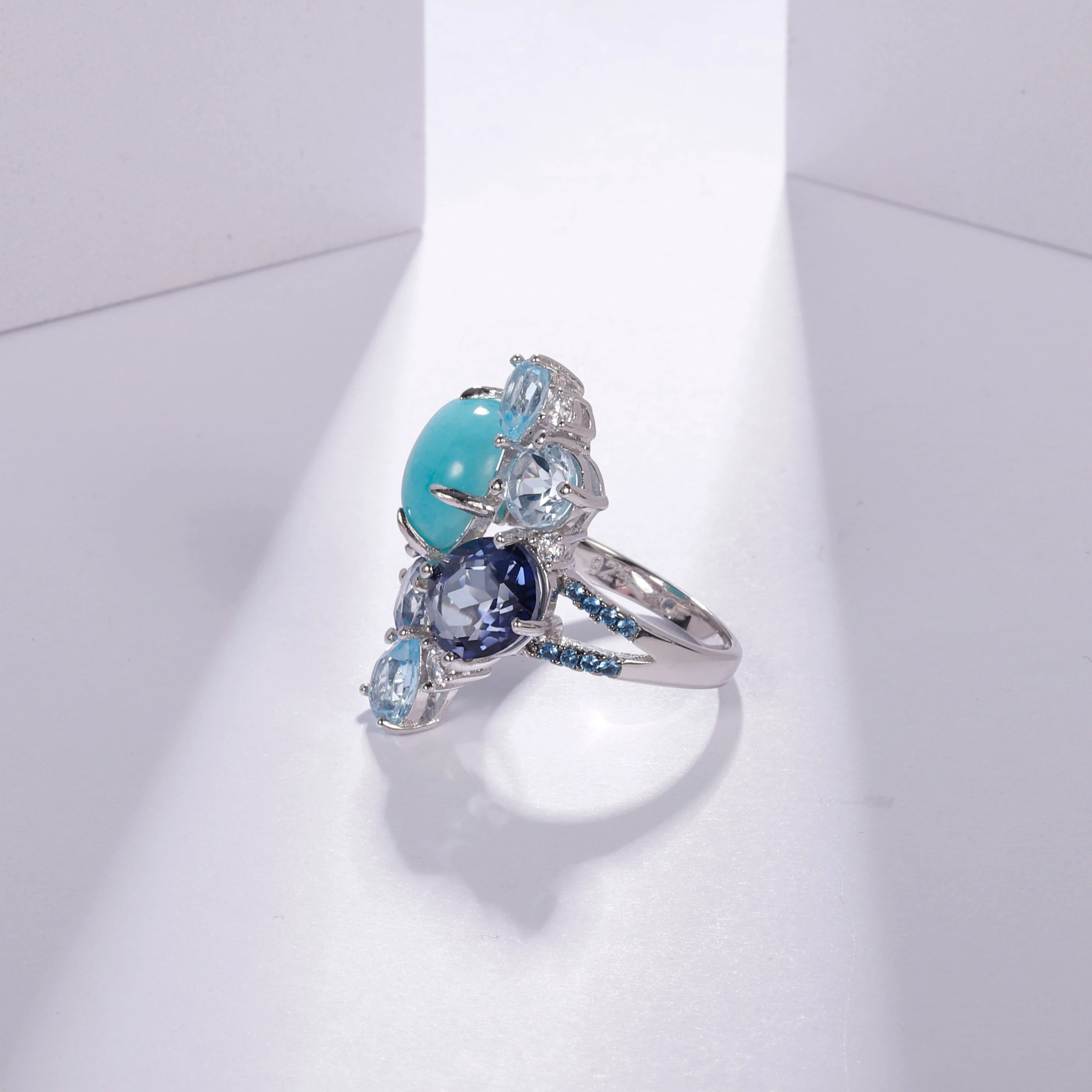 925 Sterling Silver Statement Ring Natural Amazonite Blue Topaz